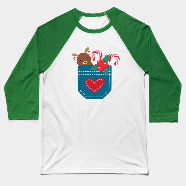 Cute Christmas Moose and peppermint pocket Baseball T-Shirt by MGuyerArt